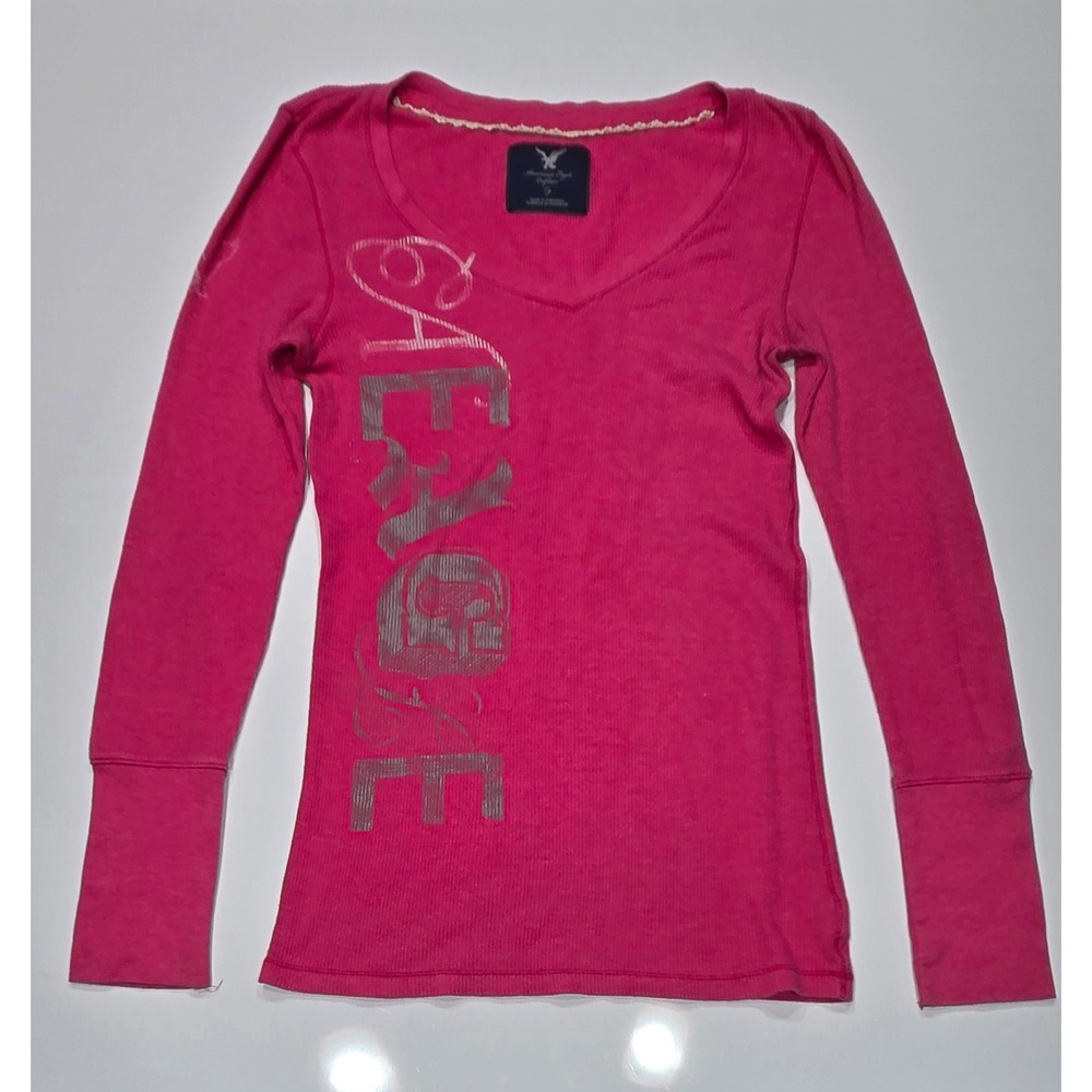 American Eagle Outfitters Pink Long Sleeve V Neck Graphic Thermal Top Women's Lg
